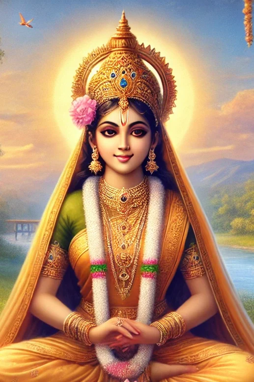 DALL·E 2024-11-03 10.48.03 - A serene, divine illustration of Shree Radha in a peaceful natural setting, embodying love and devotion. Radha is dressed in traditional Indian attire