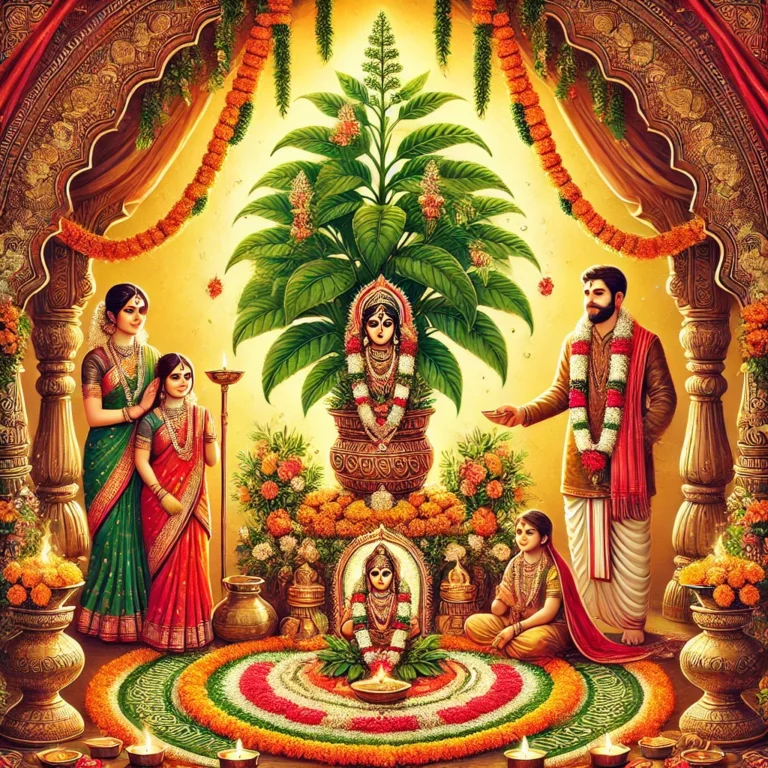 DALL·E 2024-11-09 11.04.48 - A beautiful, detailed illustration of a traditional Tulsi Vivah ceremony in an Indian household. The sacred Tulsi plant is decorated with a red saree,