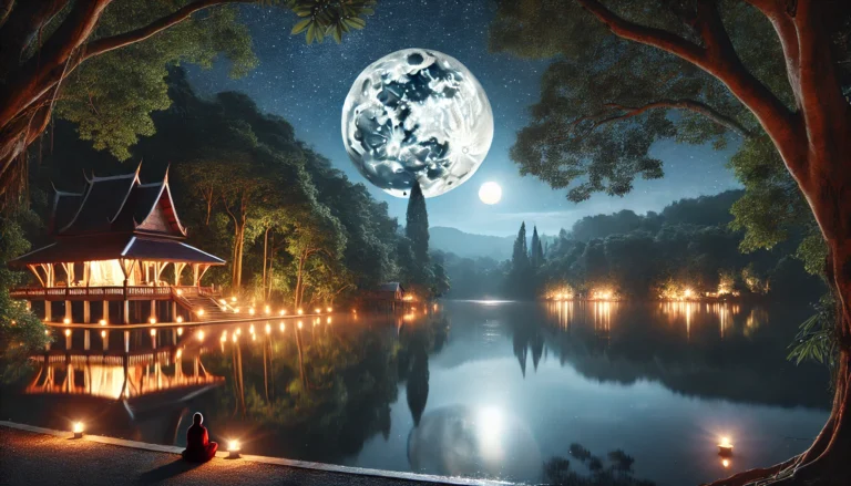 DALL·E 2024-11-20 16.06.51 - A serene night sky with a full moon shining brightly over a calm lake surrounded by lush trees. The moonlight reflects beautifully on the water, creat