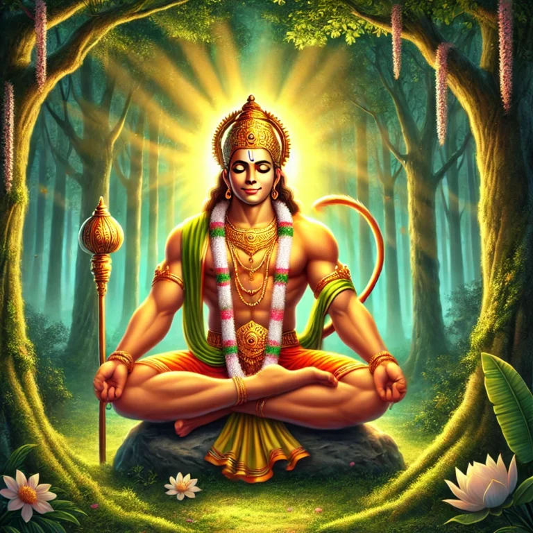 DALL·E 2024-11-21 17.53.00 - A majestic depiction of Lord Hanuman in a serene forest setting, sitting cross-legged in meditation. His golden aura illuminates the surrounding area (1)
