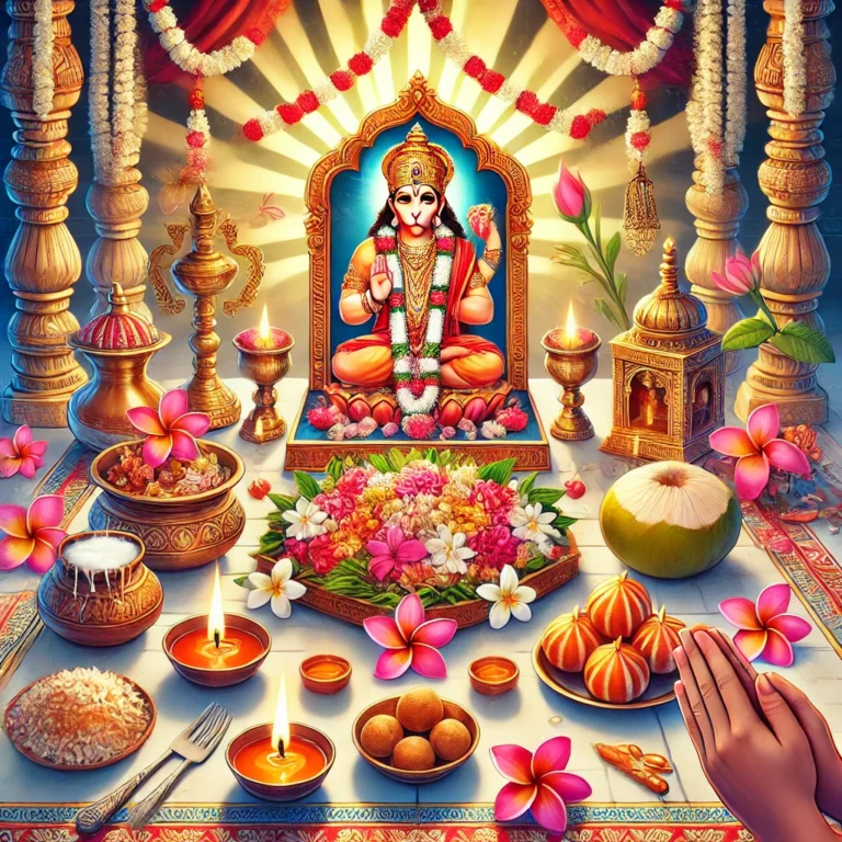 DALL·E 2024-11-22 18.43.55 - A detailed and vibrant illustration of a traditional Hindu setup for Hanuman ji puja on a Tuesday. The scene includes a clean and well-decorated altar