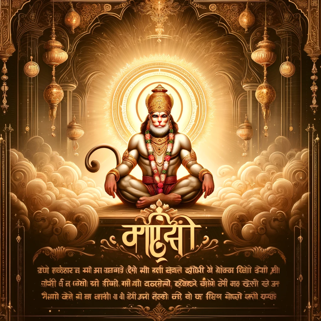 DALL·E 2024-11-24 06.46.36 - An artistic representation of the Hanuman Ji Aarti text written in beautiful Hindi calligraphy. The background is a serene and spiritual depiction of