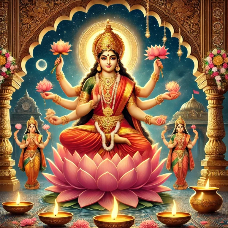 DALL·E 2024-11-25 17.51.39 - A serene and divine depiction of Goddess Lakshmi during an aarti ceremony. The goddess is seated on a blooming lotus, dressed in vibrant red and gold