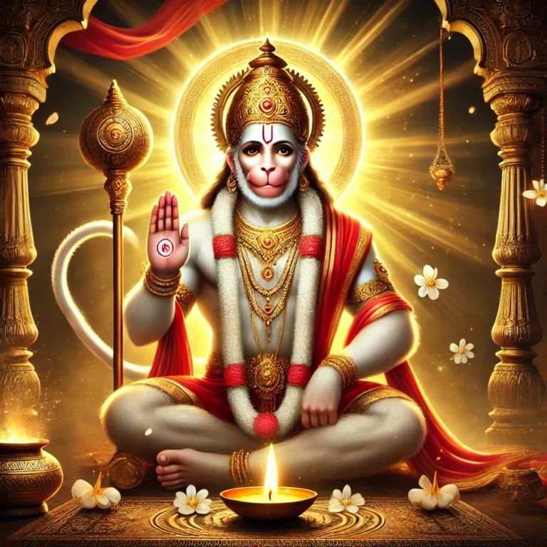 DALL·E 2024-11-27 19.35.16 - A spiritually uplifting image of Lord Hanuman, depicted as a serene and divine figure. He is holding a gada (mace) in one hand and blessing with the o