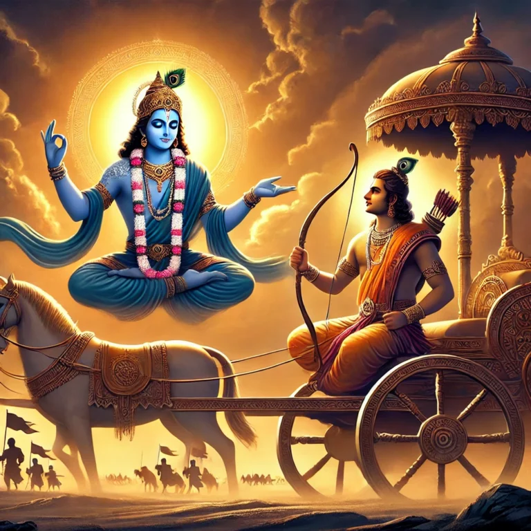 DALL·E 2024-12-02 19.03.50 - A serene illustration depicting Lord Krishna and Arjuna on a chariot during the Bhagavad Gita discourse, set in the battlefield of Kurukshetra. Krishn
