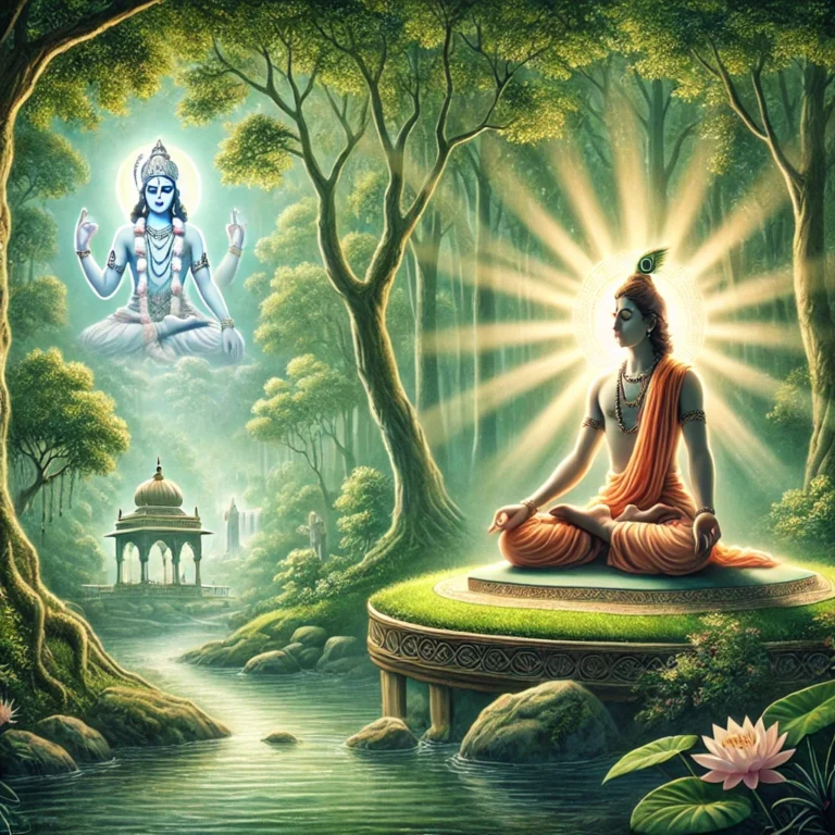 DALL·E 2024-12-03 17.46.24 - A serene and detailed illustration depicting the essence of Chapter 6 of the Bhagavad Gita, titled 'Dhyana Yoga' (Meditation Yoga). The scene shows a