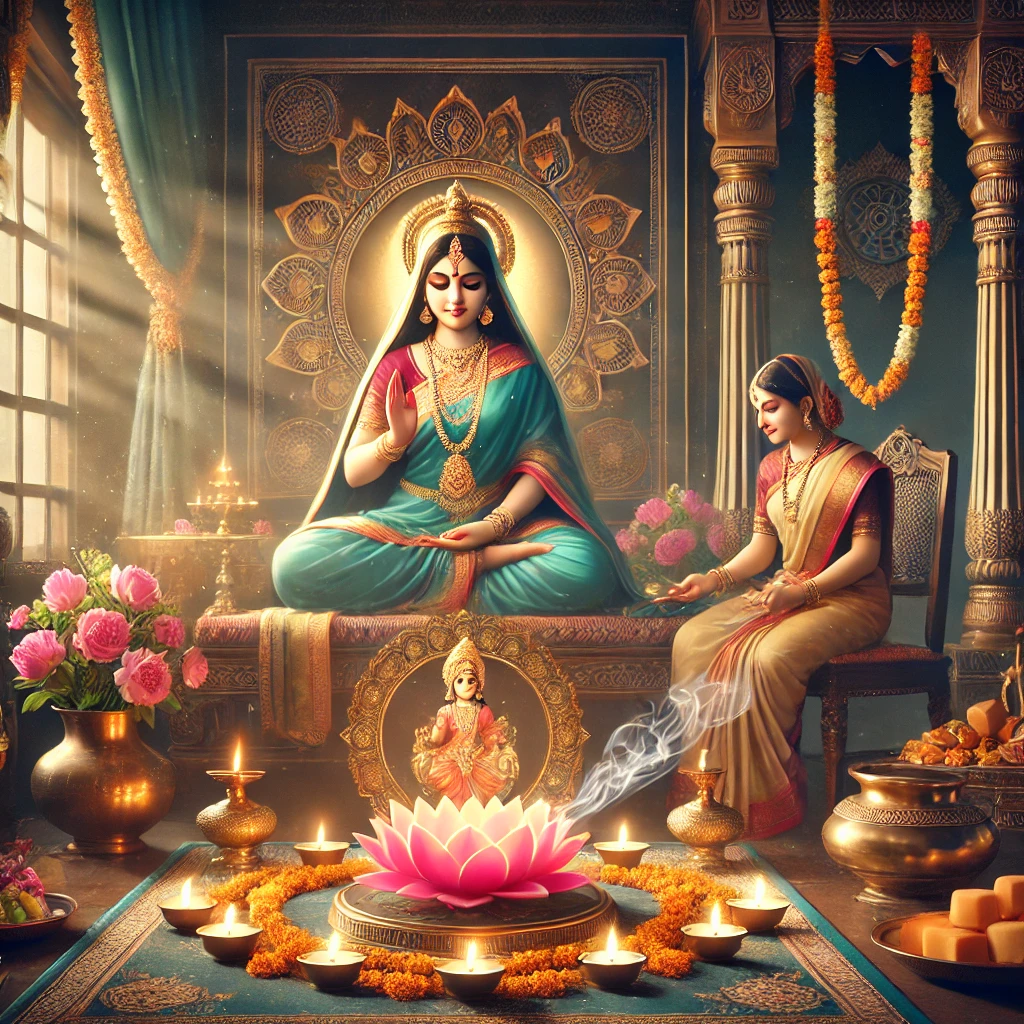 DALL·E 2024-12-03 18.43.15 - A serene depiction of a Vaibhav Lakshmi Vrat scene. A traditional Indian setting with a clean and adorned altar. A beautiful idol of Goddess Lakshmi p