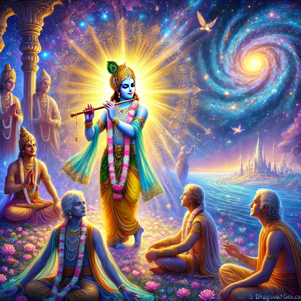 DALL·E 2024-12-04 19.02.32 - A vibrant and spiritually uplifting illustration inspired by Chapter 7 of the Bhagavad Gita, titled 'Gyaan Vigyaan Yoga'. The image depicts Lord Krish