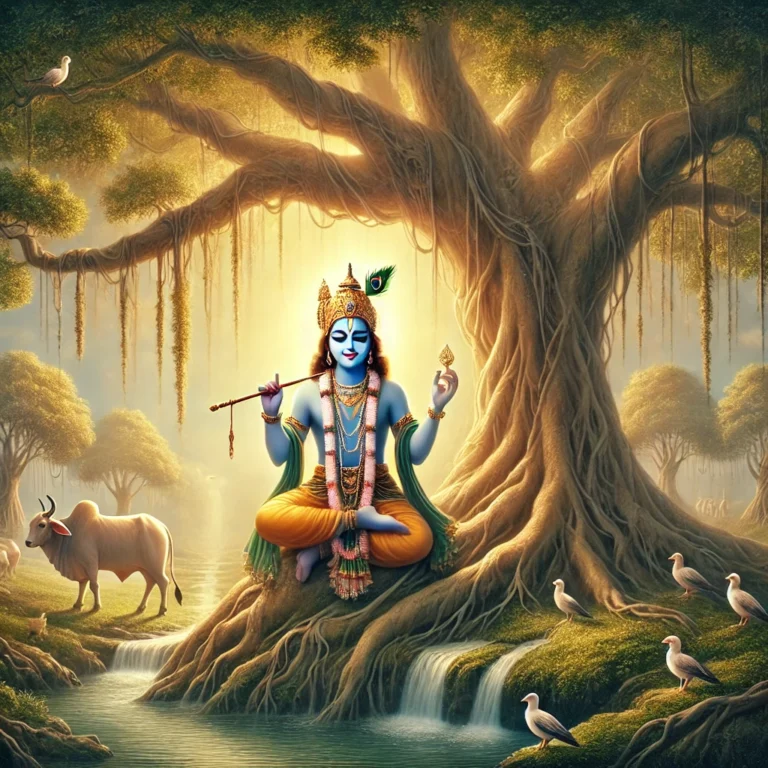DALL·E 2024-12-06 19.48.05 - A serene depiction of Lord Krishna in a meditative pose under a grand, ancient banyan tree. The scene is bathed in soft golden light, symbolizing divi