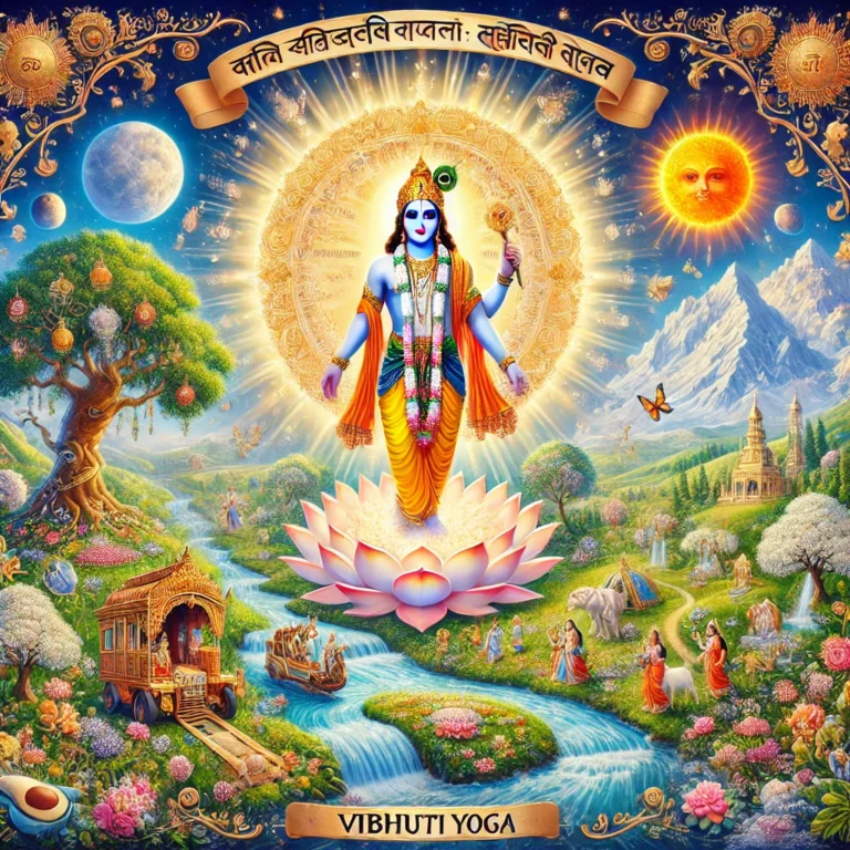 DALL·E 2024-12-07 20.06.01 - A beautifully designed image depicting the essence of the Bhagavad Gita's 10th chapter (Vibhuti Yoga). The image should feature Lord Krishna in a divi