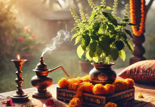 DALL·E 2024-12-11 19.01.51 - A peaceful and spiritual scene featuring a Tulsi (Holy Basil) plant placed on a decorated altar in a traditional Indian courtyard. The altar is adorne