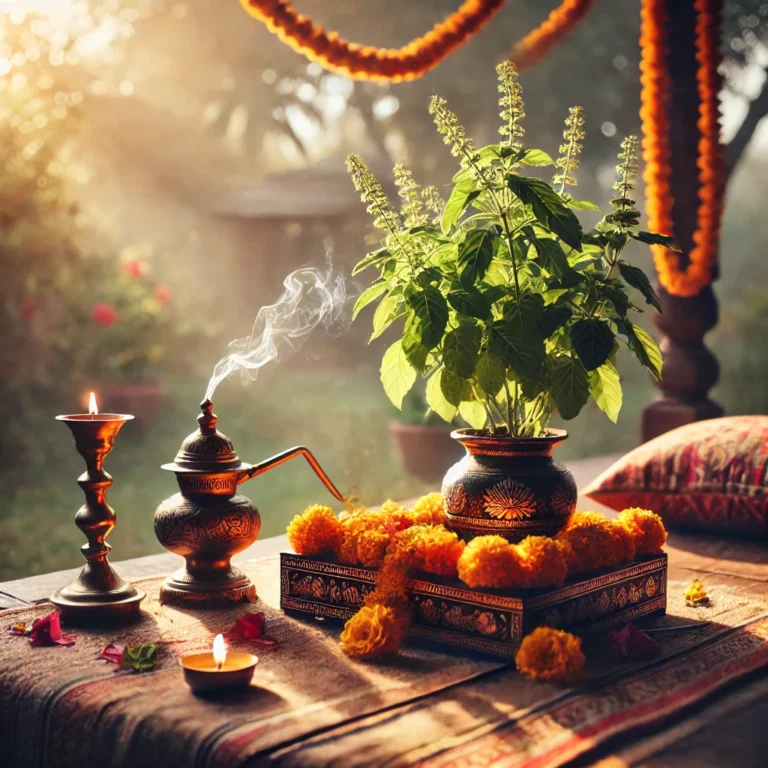 DALL·E 2024-12-11 19.01.51 - A peaceful and spiritual scene featuring a Tulsi (Holy Basil) plant placed on a decorated altar in a traditional Indian courtyard. The altar is adorne