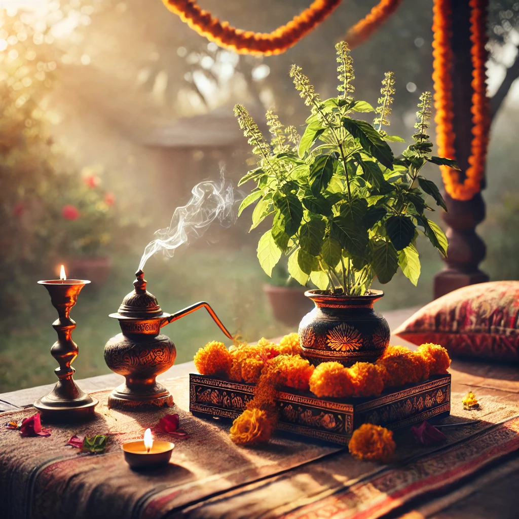 DALL·E 2024-12-11 19.01.51 - A peaceful and spiritual scene featuring a Tulsi (Holy Basil) plant placed on a decorated altar in a traditional Indian courtyard. The altar is adorne