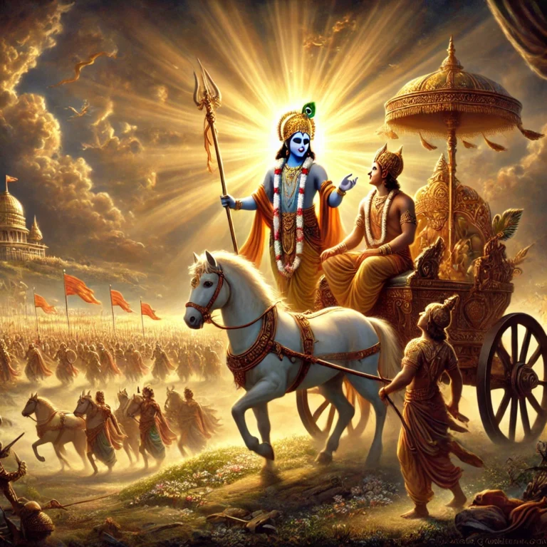 DALL·E 2024-12-19 19.20.36 - An artistic representation of a divine setting inspired by the Bhagavad Gita, showing Lord Krishna as a charioteer guiding Arjuna on a grand battlefie