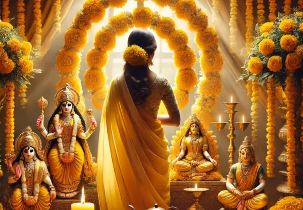 DALL·E 2024-12-25 19.00.21 - A beautiful representation of a Thursday fast dedicated to Goddess Lakshmi and Lord Vishnu, featuring a serene altar adorned with yellow marigold garl