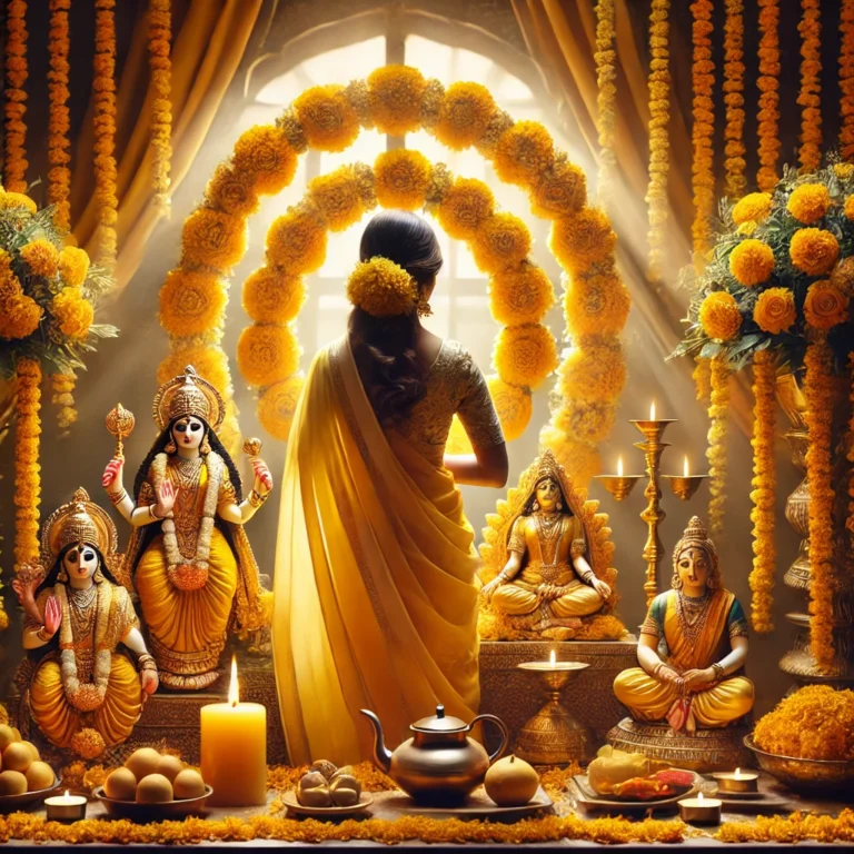 DALL·E 2024-12-25 19.00.21 - A beautiful representation of a Thursday fast dedicated to Goddess Lakshmi and Lord Vishnu, featuring a serene altar adorned with yellow marigold garl