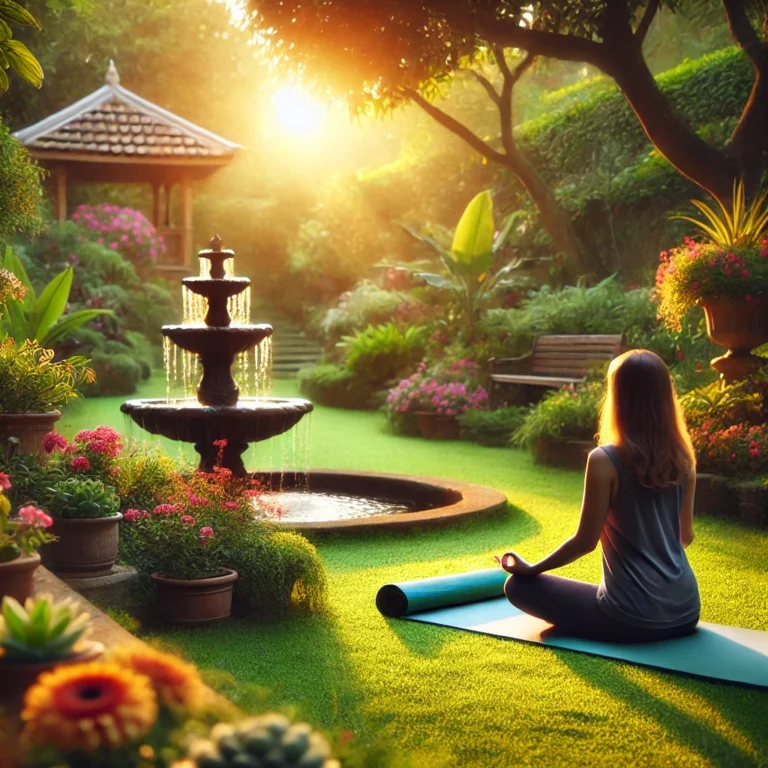 DALL·E 2025-01-07 18.36.15 - A serene scene of a person meditating in a peaceful garden during sunrise. The garden is lush with green grass, colorful flowers, and a small water fo