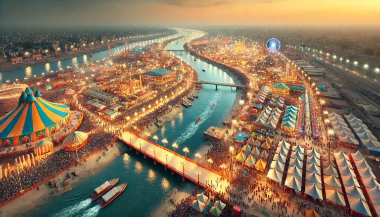 DALL·E 2025-01-14 18.08.18 - An aerial view of the grand Prayagraj Kumbh Mela 2025, showing the confluence of the Ganges, Yamuna, and Saraswati rivers. The scene features a large