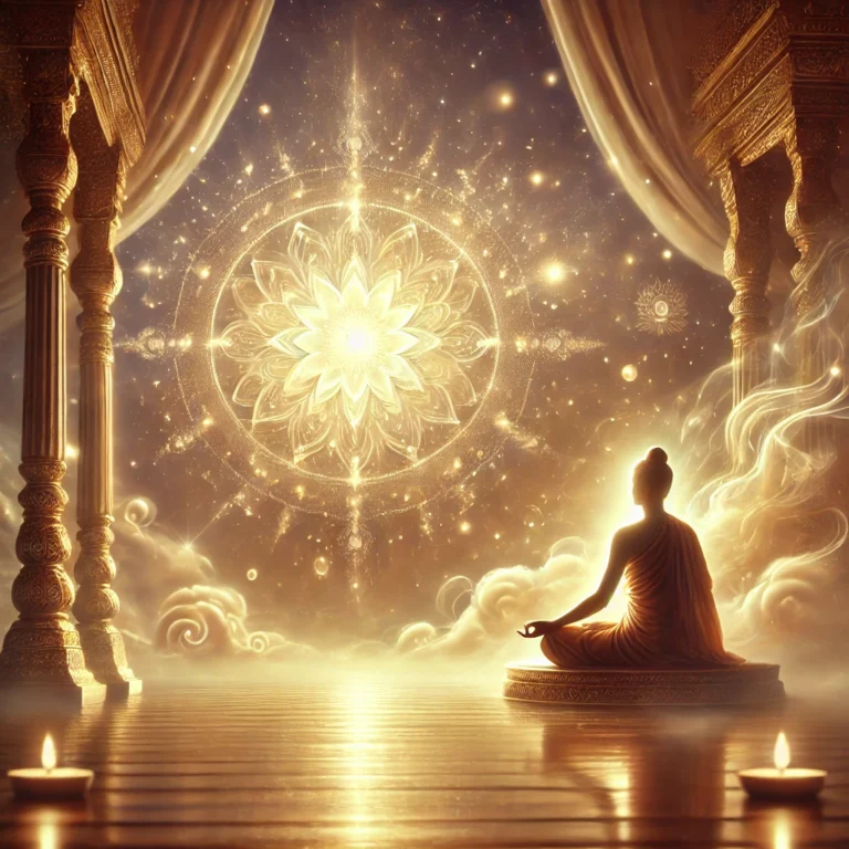 DALL·E 2025-02-17 16.28.48 - A serene and spiritual artwork depicting a devotee meditating in front of a glowing divine light. The scene is filled with a peaceful aura, with soft