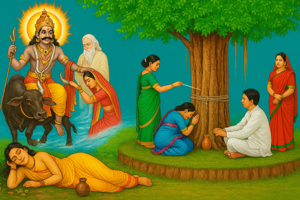 "वट सावित्री व्रत के दौरान महिलाएं वट (बड़) वृक्ष के चारों ओर धागा लपेटकर पूजा करती हैं, पारंपरिक वस्त्रों में सजकर व्रत रखती हैं, सत्यवान-सावित्री और यमराज की पौराणिक कथा का स्मरण करती हैं।"