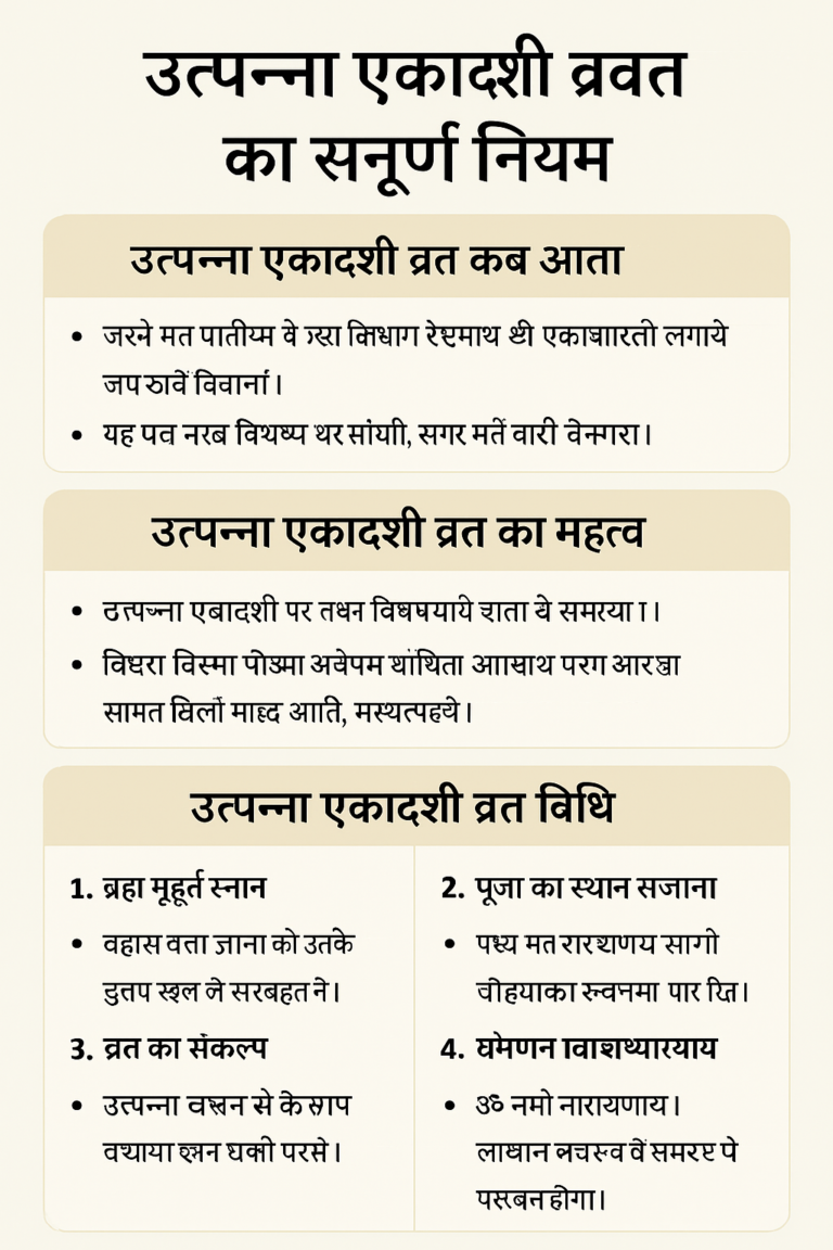 उत्पन्ना एकादशी प्रतिवर्ष ज्येष्ठ मास शुक्ल पक्ष की एकादशी को मनाई जाती है। यह व्रत भगवान विष्णु को समर्पित होता है और इस दिन व्रत करने से समृद्धि, सुख-शांति और पाप नाश की प्राप्ति होती है।