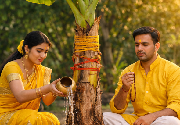पीले वस्त्र पहनकर केले के पेड़ की पूजा विधि